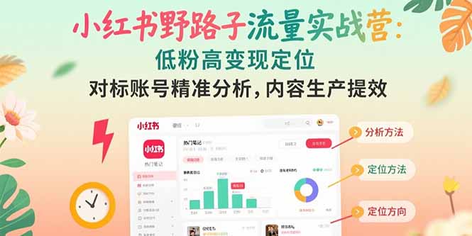 小红书野路子流量实战营：低粉高变现定位 对标账号精准分析 内容生产提效